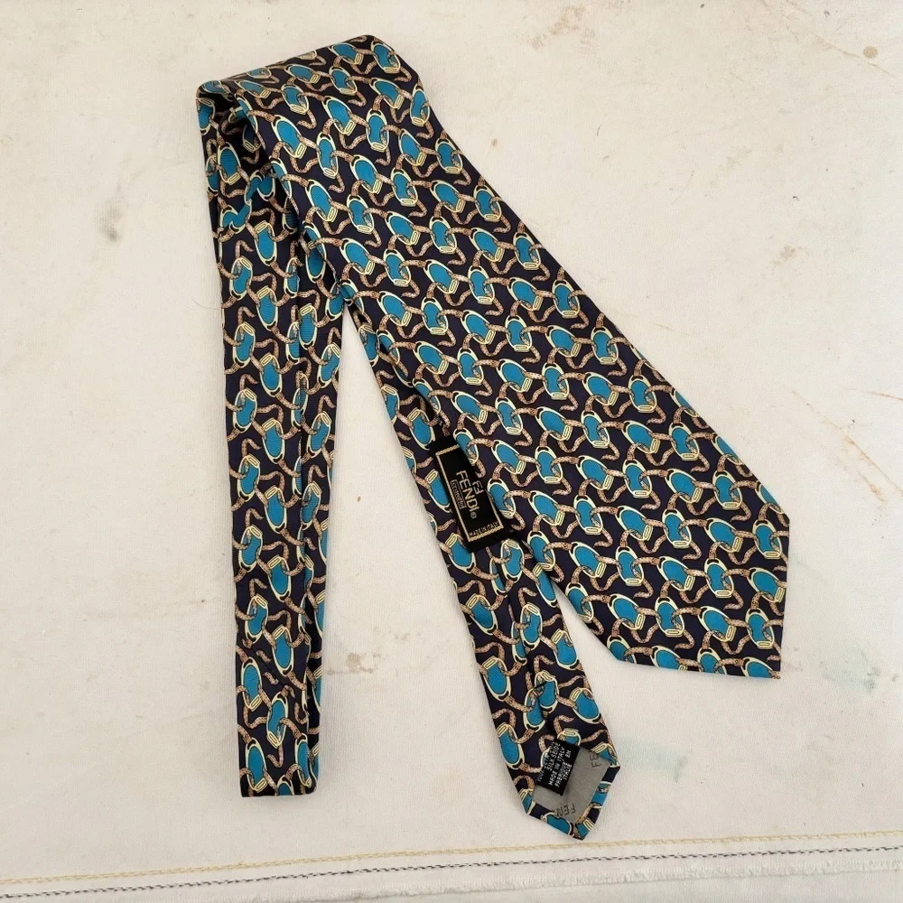 Fendi Horse Shoe Bit Print Silk Tie